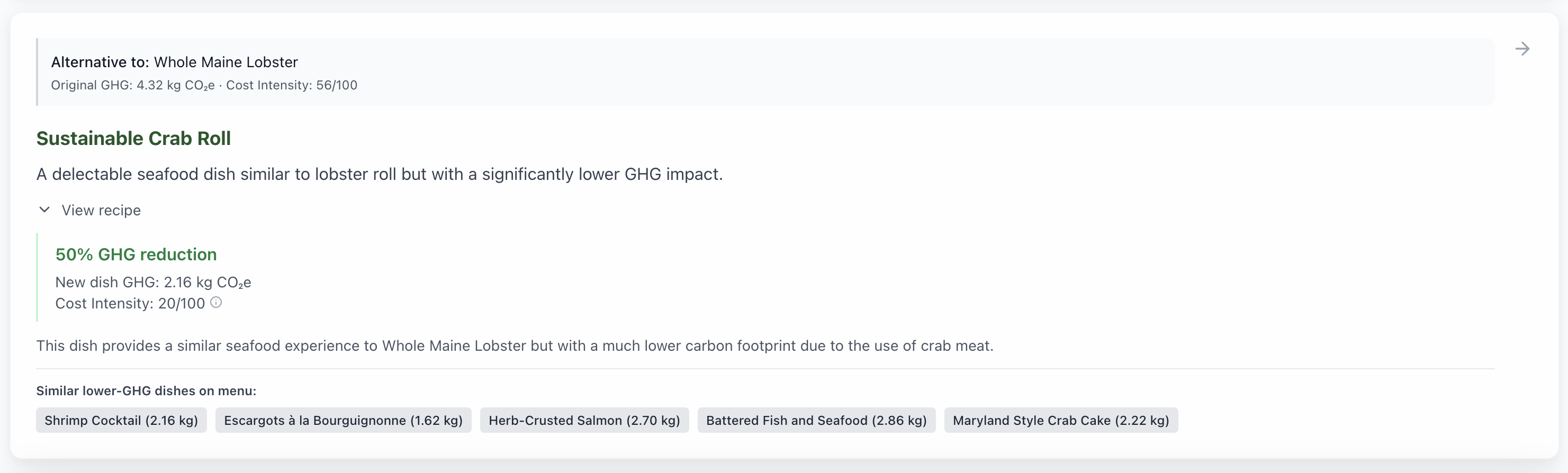 Recommendation card with GHG and cost comparison